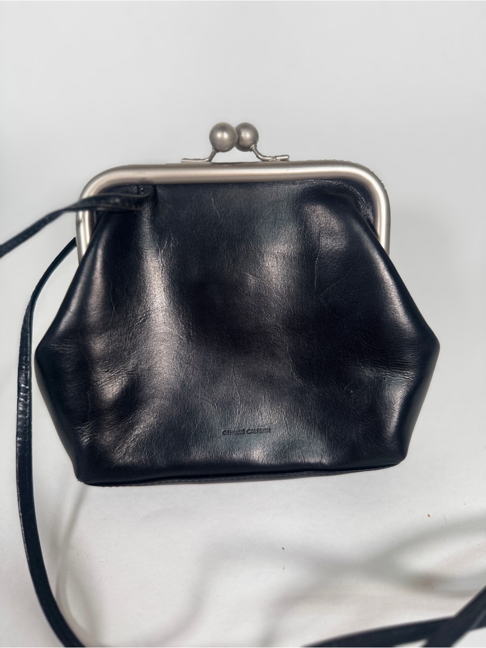 Black Genuine Calfskin Leather Kiss Lock Crossbody Frame Bag - Picture 3 of 10